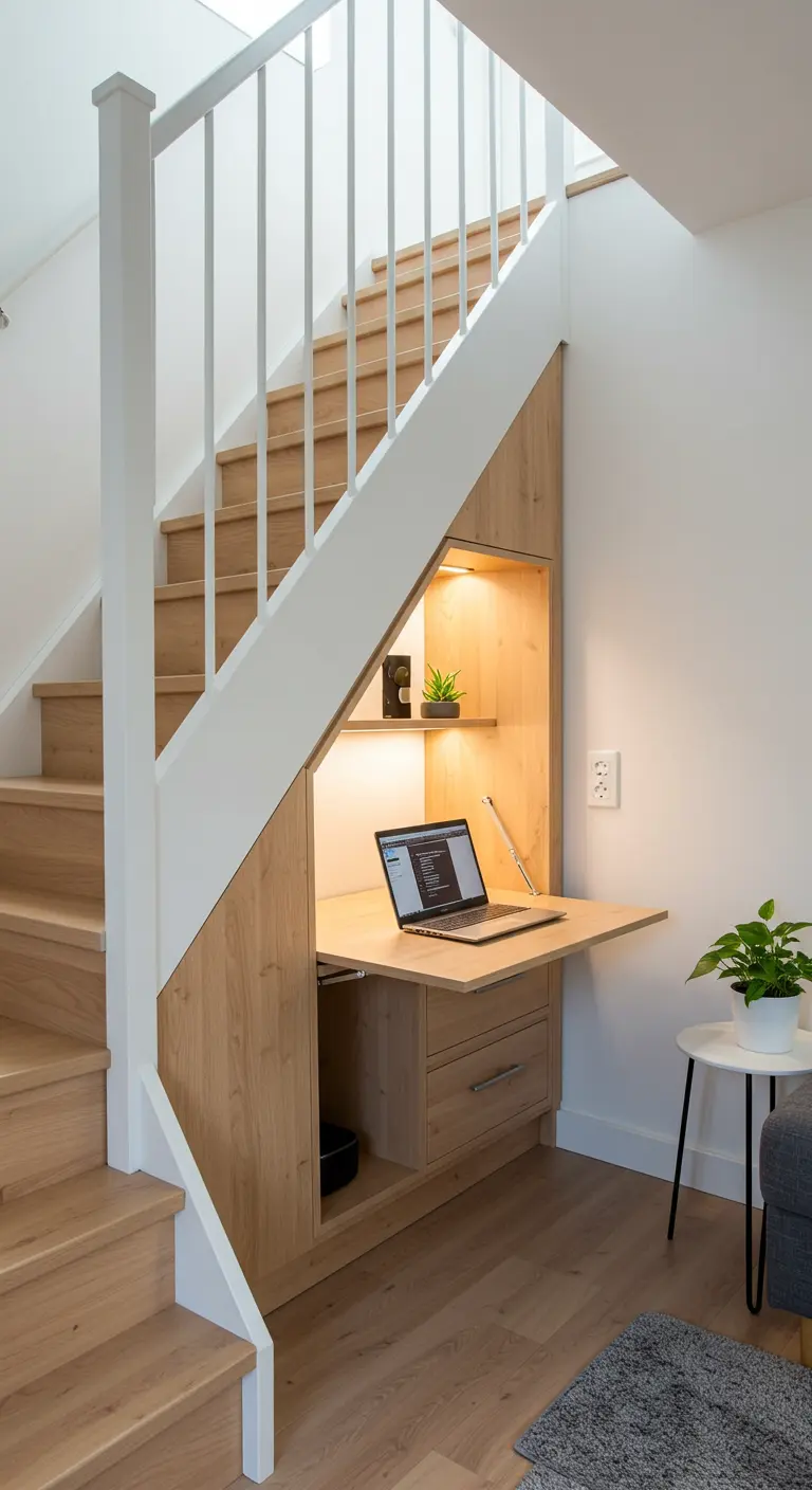 Escritorio de madera integrado bajo una escalera, con cajones y luz cálida.