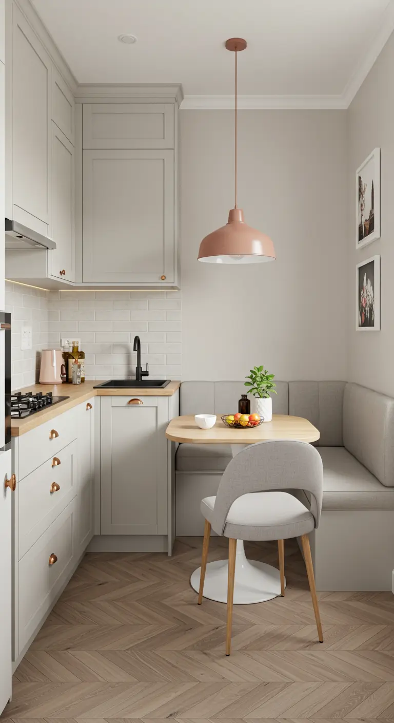 Cocina pequeña con un comedor esquinero con banco y una lámpara colgante rosa.