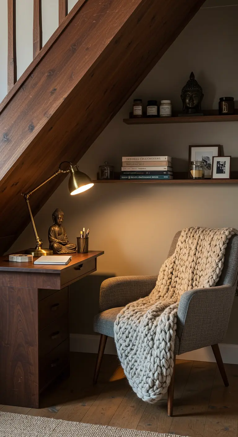 Escritorio de madera bajo una escalera con una estatua de Buda y una manta de punto grueso.