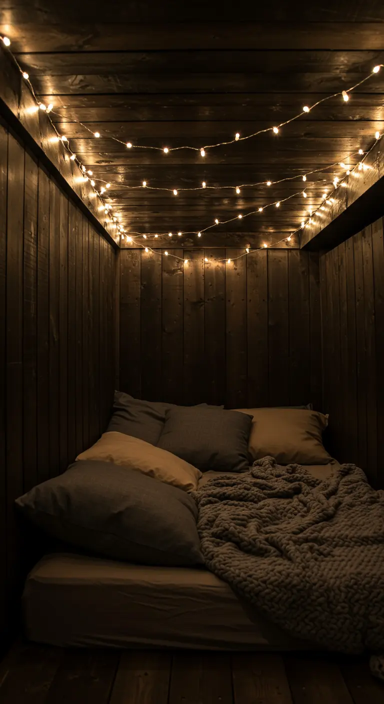 Pequeño rincón para dormir con paredes de madera oscura y guirnaldas de luces en el techo.