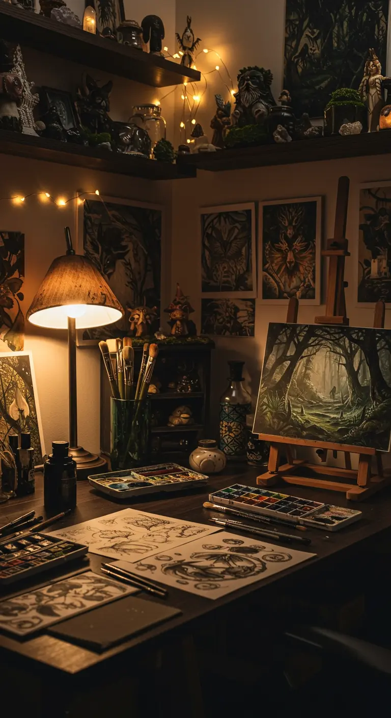 Rincón de arte oscuro e íntimo iluminado por luces de hadas y una lámpara de mesa cálida.