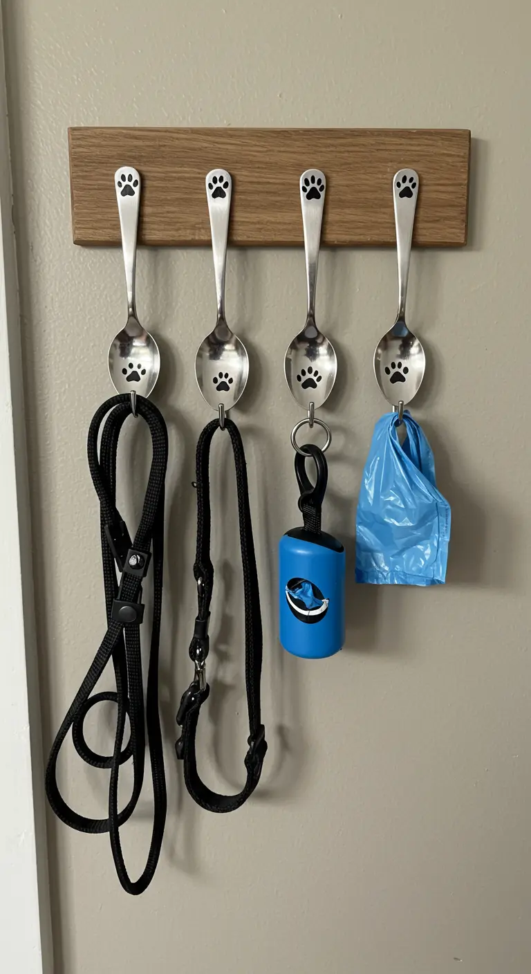 Cucharas con huellas de patas estampadas, montadas en madera y usadas para colgar correas de perro.