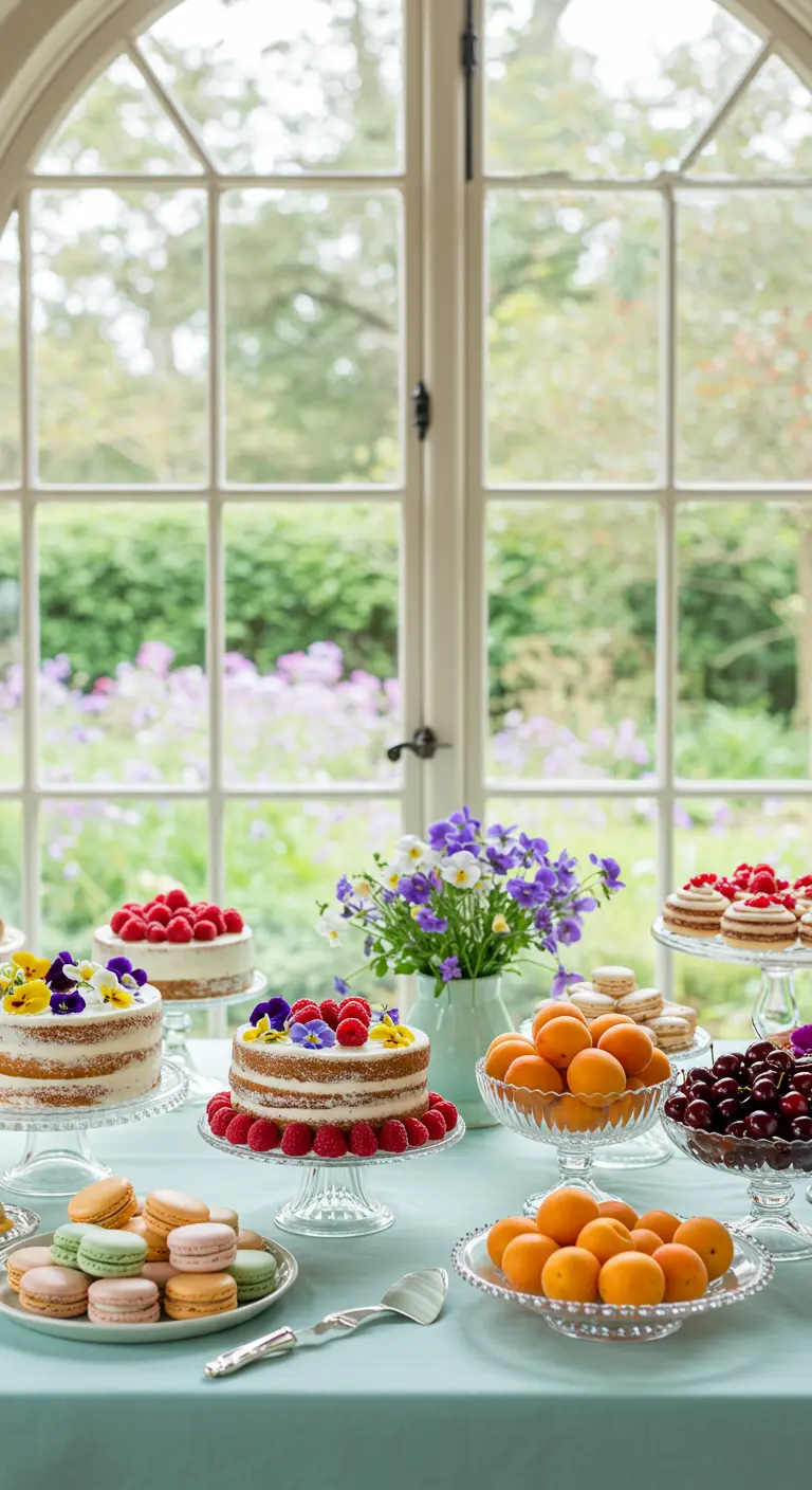Mesa de postres junto a una ventana con tartas, macarons, albaricoques y cerezas.