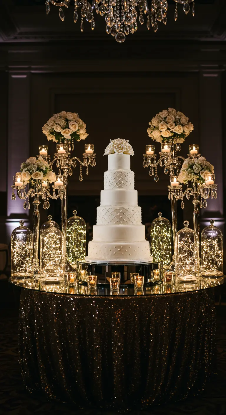 Mesa de tarta de bodas con mantel de lentejuelas, candelabros de cristal y luces en campanas.