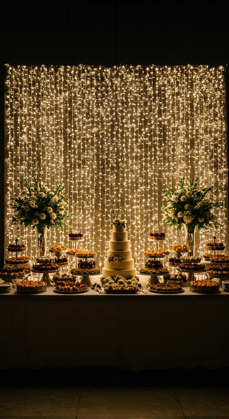 Mesa de postres de boda con una tarta de varios pisos frente a una cortina de luces.