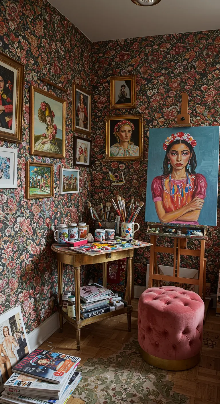 Estudio de arte maximalista con papel tapiz floral, una galería de retratos y un puf de terciopelo.