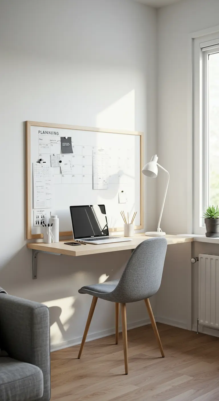 Rincón de planificación minimalista con escritorio flotante de madera y pizarra blanca.
