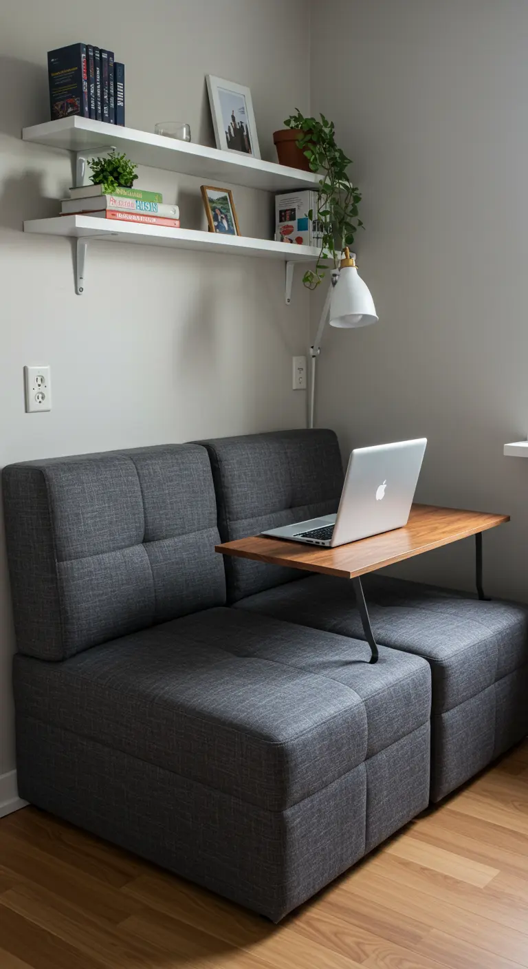 Sofá modular gris con una mesa de madera para portátil, convirtiéndolo en un espacio de trabajo.