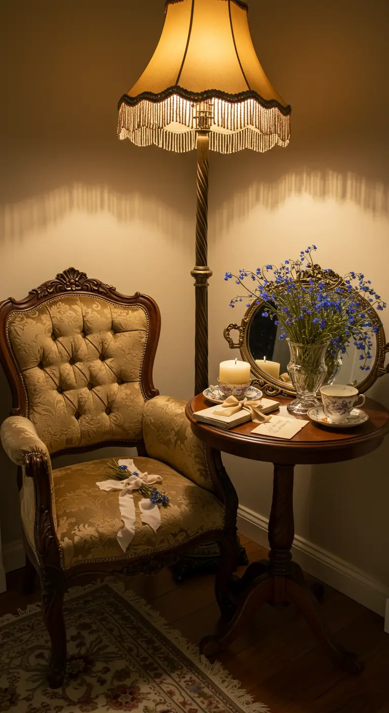 Rincón de lectura con butaca vintage, lámpara de pie y una mesita con flores y un libro.