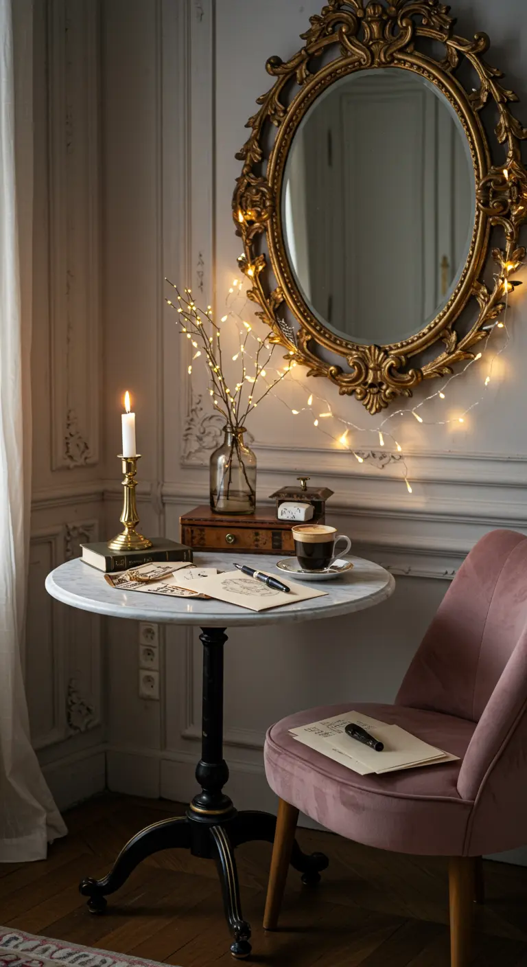 Mesa de mármol con silla de terciopelo rosa y espejo dorado con luces.