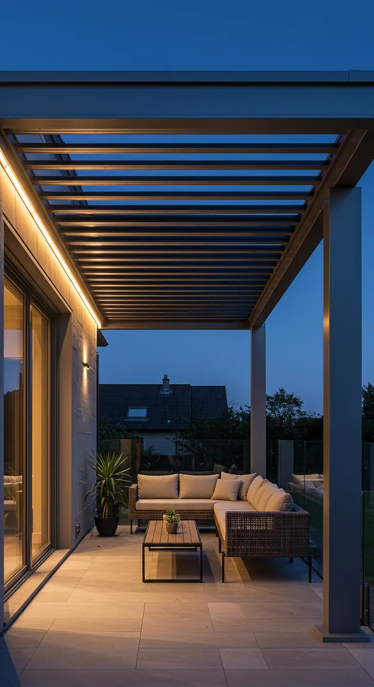 Patio acogedor con un sofá esquinero de mimbre bajo una pérgola de acero con iluminación LED integrada.
