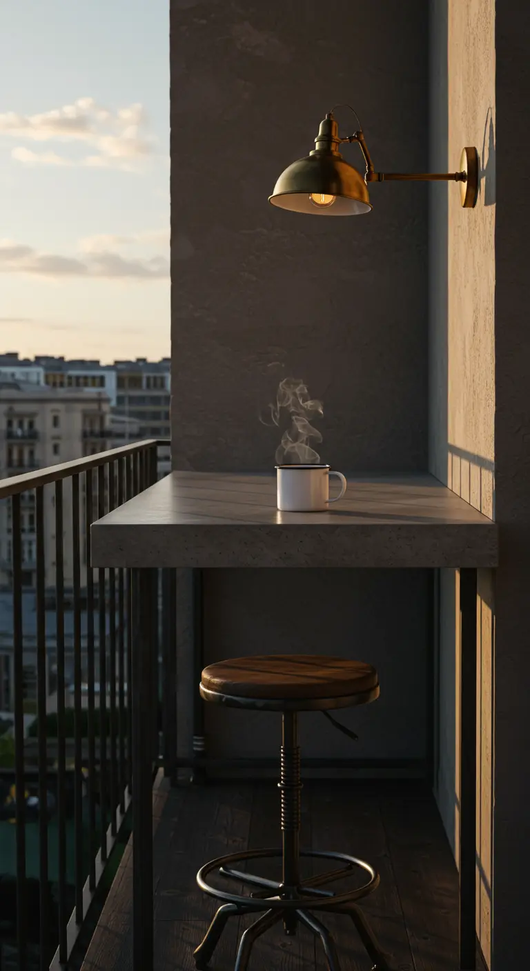 Rincón de café en balcón con repisa de hormigón y un taburete alto de estilo industrial.