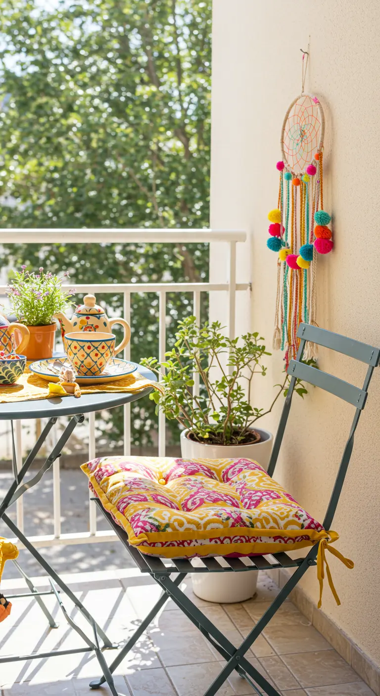 Pequeño balcón con una mesa y silla de metal, cojín colorido y un atrapasueños con pompones.