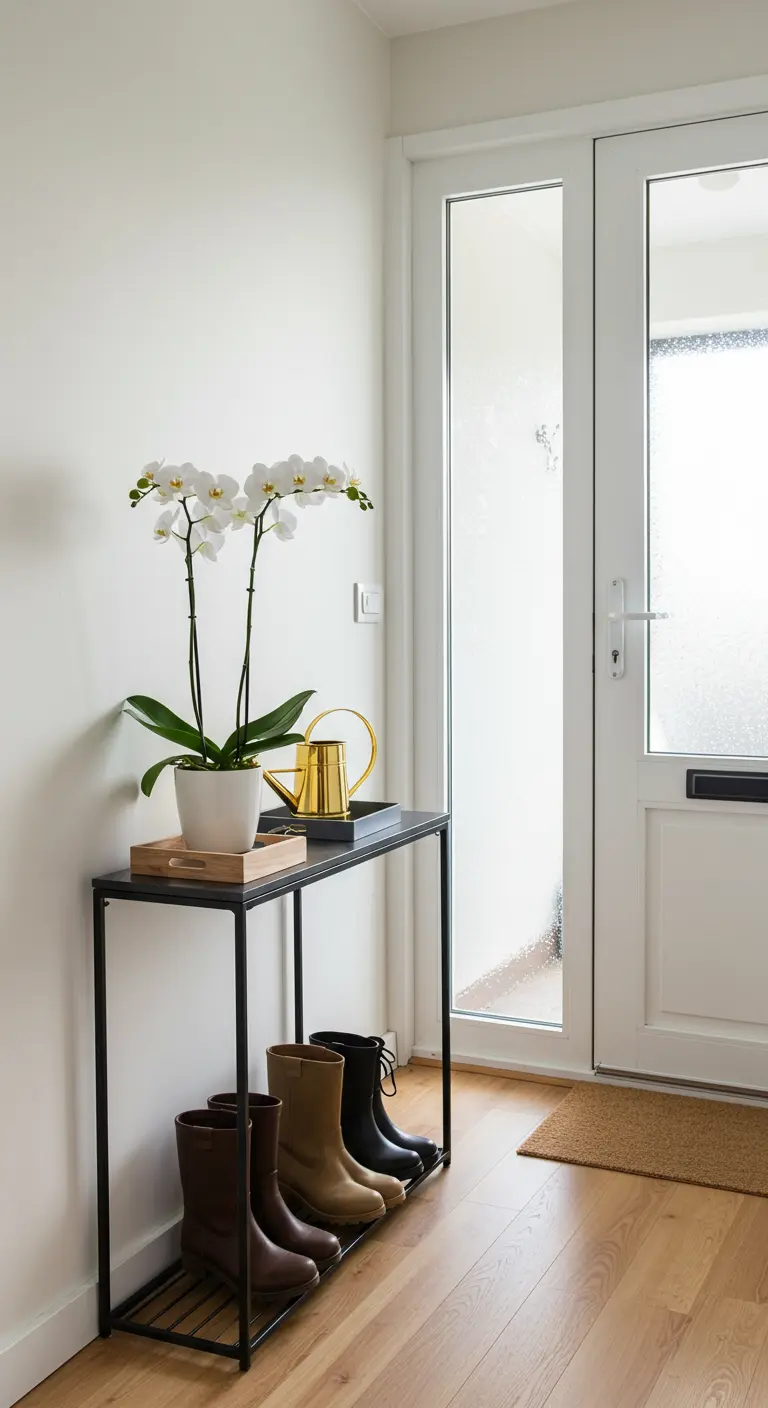 Entrada interior junto a la puerta con una consola estrecha para una orquídea y un zapatero debajo.