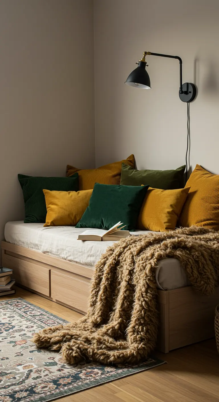 Diván de madera con cojines de terciopelo en tonos verdes y amarillos y una manta texturizada.