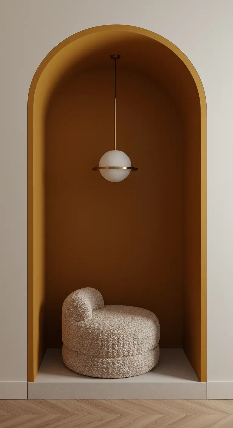 Nicho en arco color ocre con un sillón de bouclé y una lámpara colgante