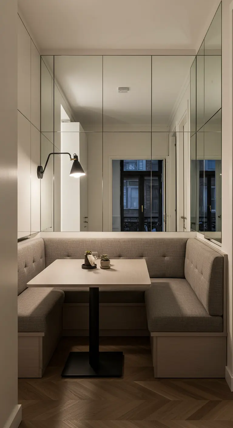Rincón de comedor pequeño con una pared completamente cubierta de espejos y un banco tapizado