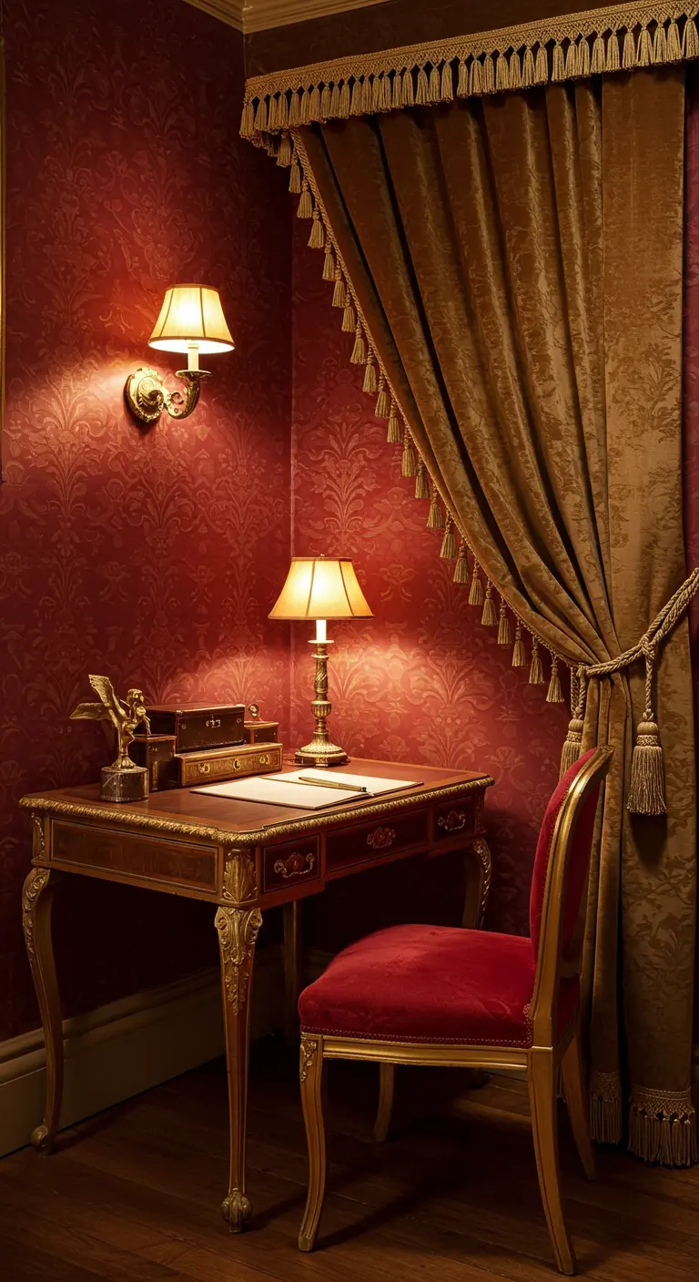 Escritorio rococó con silla de terciopelo rojo en una habitación con paredes rojas y cortinas doradas.