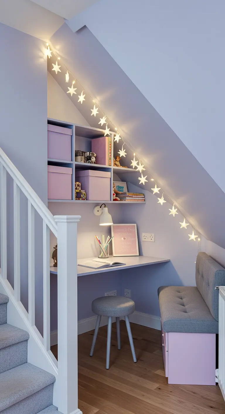 Rincón de estudio bajo la escalera con luces de estrellas y tonos lavanda.