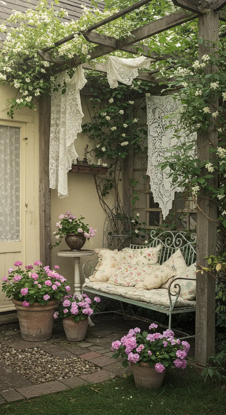 Rincón de jardín con pérgola de madera cubierta de flores, banco de forja y cortinas de encaje.