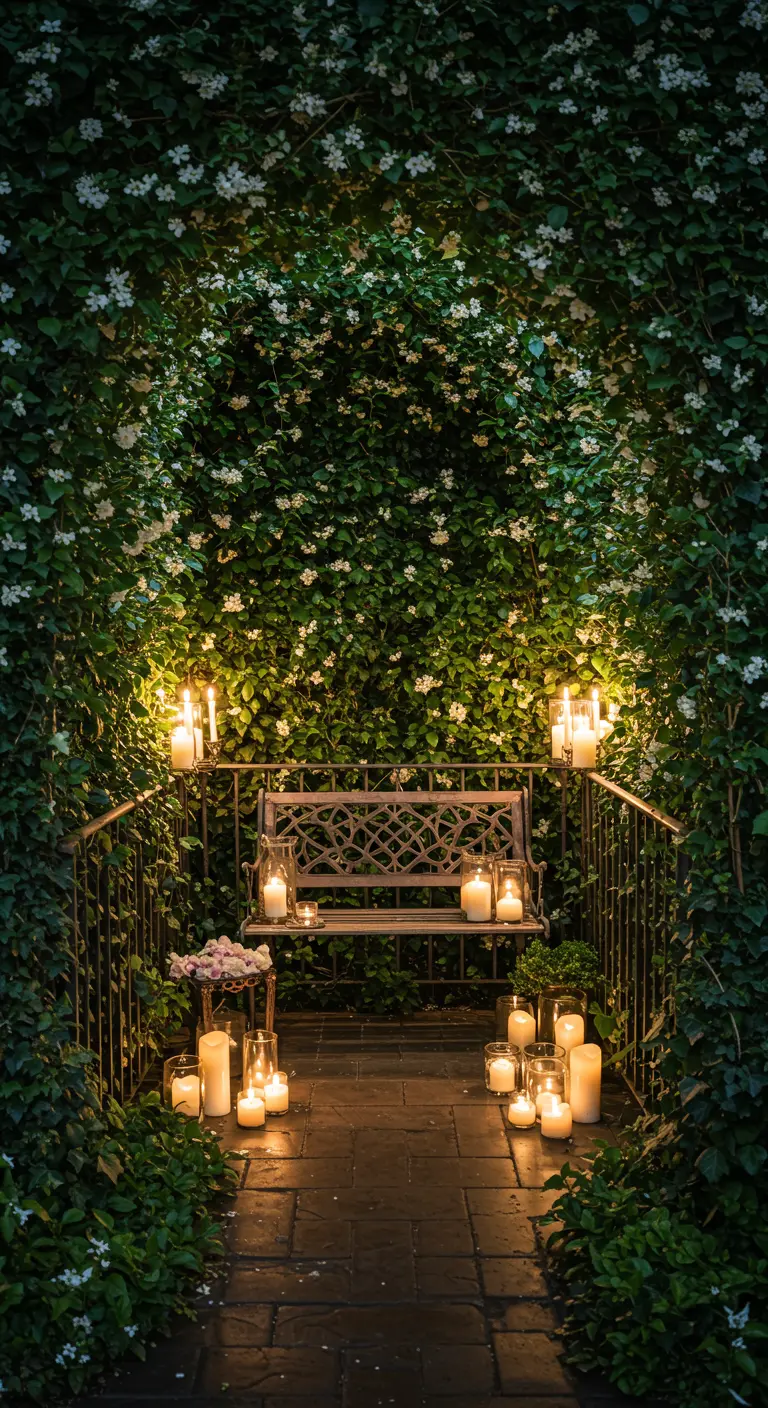 Banco de hierro forjado bajo un arco de flores blancas, iluminado por docenas de velas.