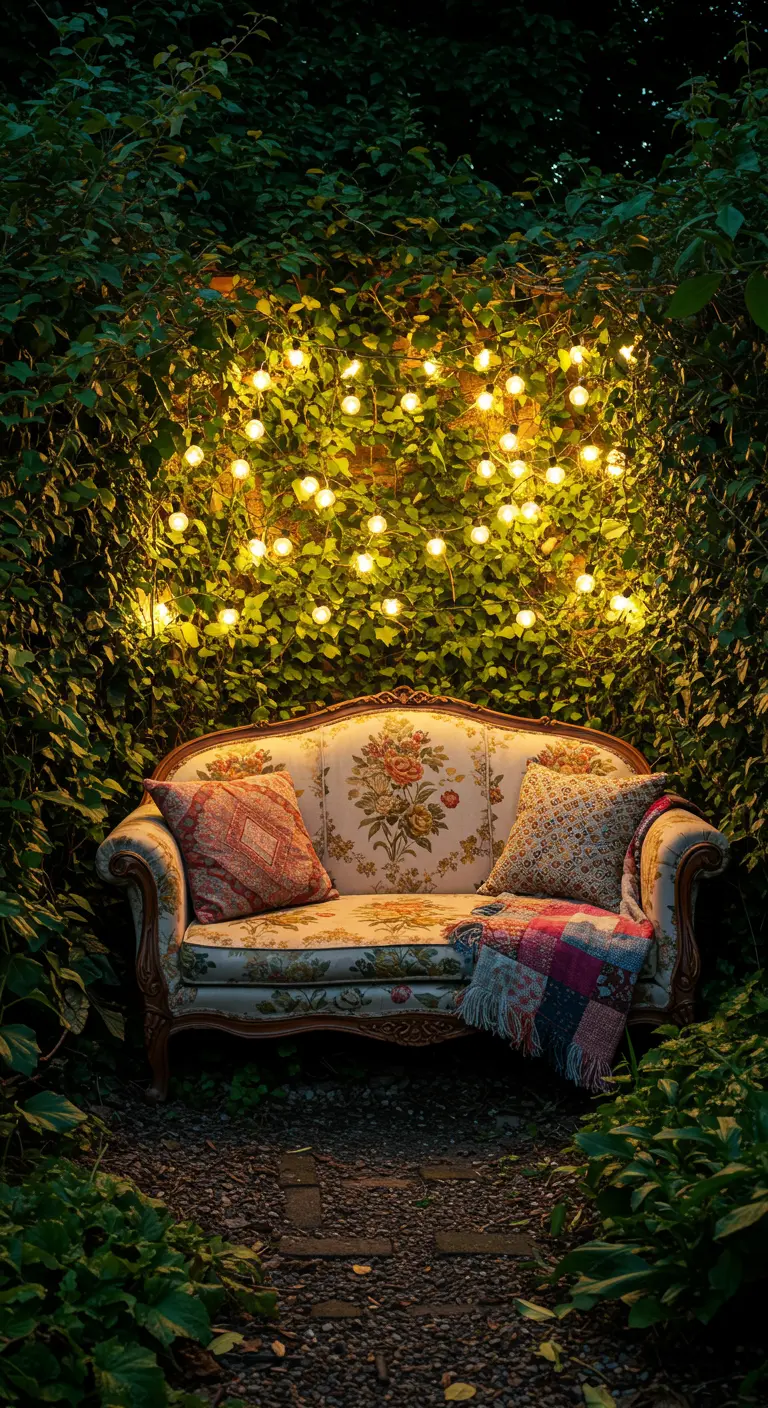 Sofá vintage con tapizado floral en un nicho de hiedra iluminado por una cortina de luces cálidas.