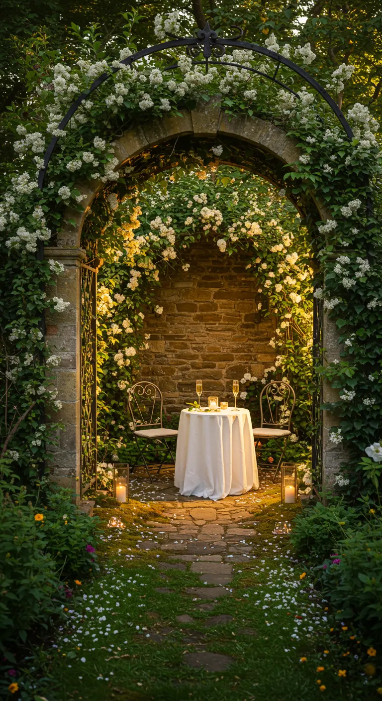 Mesa para dos bajo un arco de piedra cubierto de flores blancas y velas.