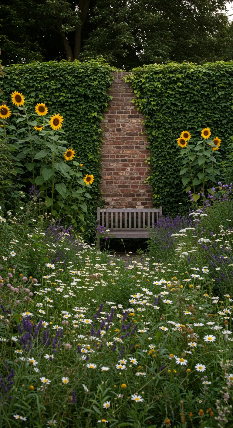 Banco de madera en un nicho de pared de ladrillo cubierto de hiedra, rodeado de un mar de flores silvestres.