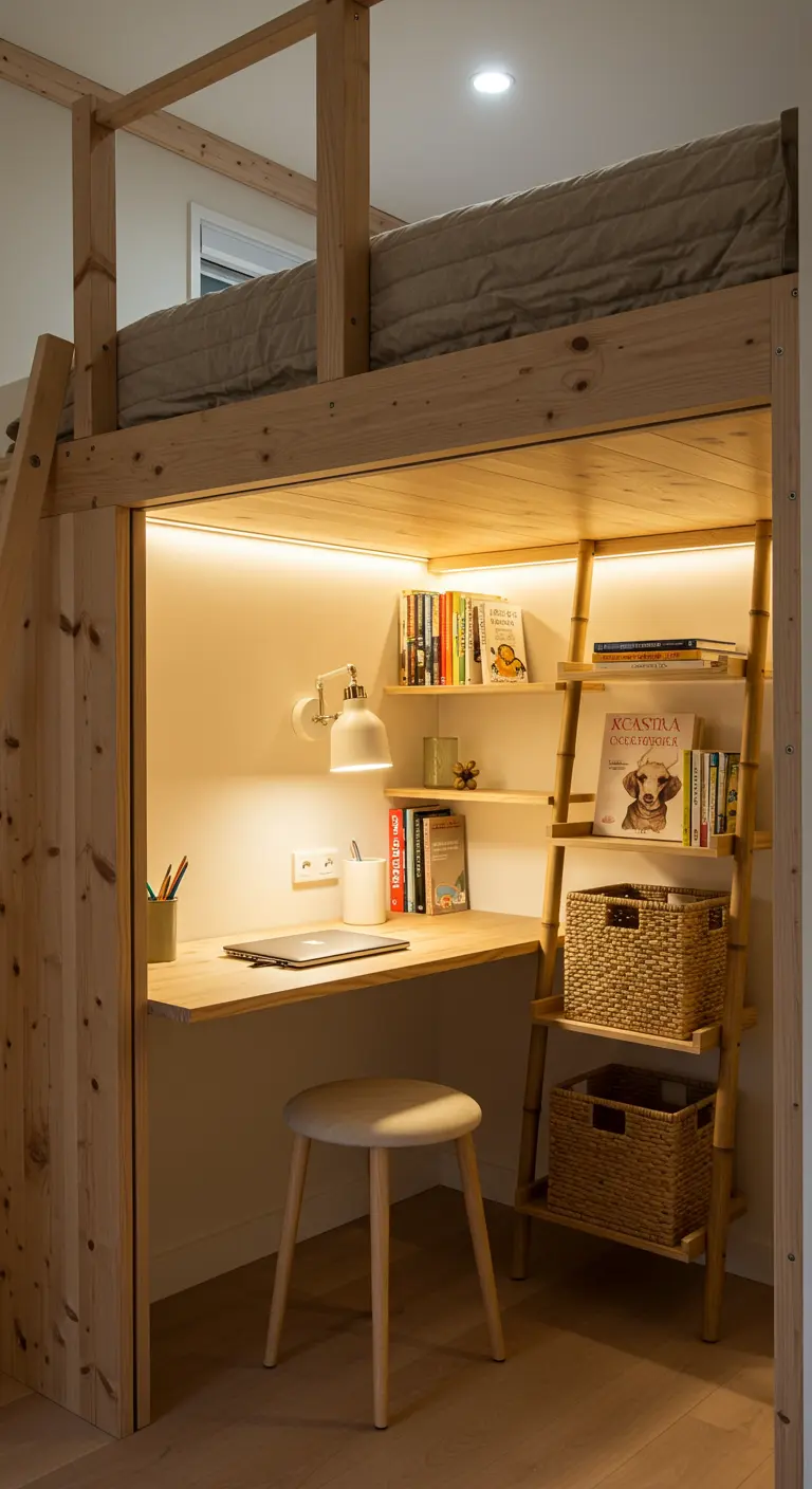 Pequeño estudio integrado bajo una cama alta de madera con iluminación cálida