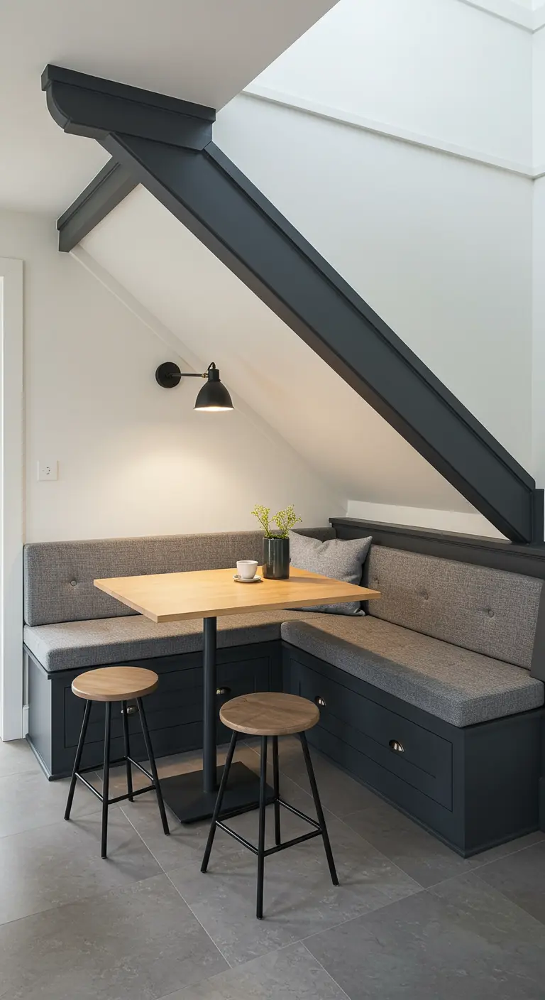 Comedor con banco esquinero a medida bajo una escalera, en color gris oscuro.
