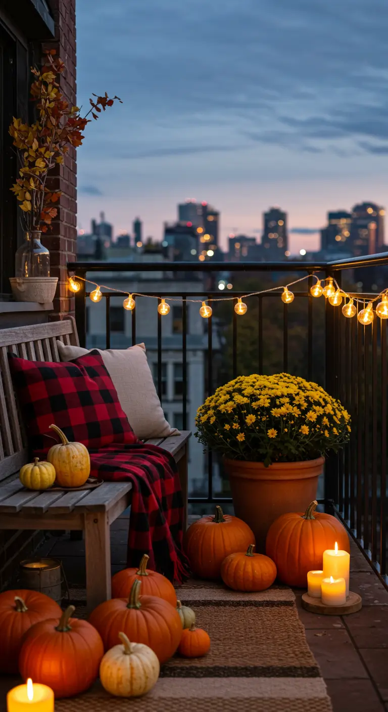 Balcón urbano decorado para el otoño con un banco de madera, manta de cuadros y calabazas al atardecer