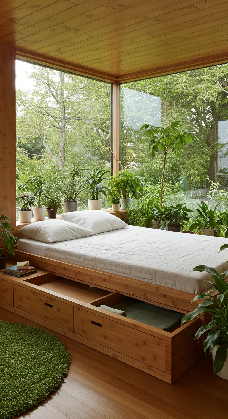 Cama baja de bambú con cajones junto a un gran ventanal con vistas a un jardín frondoso.