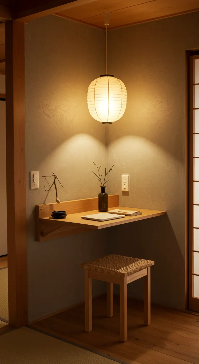 Escritorio esquinero de madera en una habitación de estilo japonés con lámpara de papel.