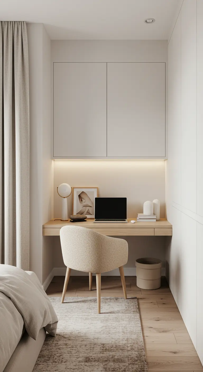 Espacio de trabajo minimalista en un nicho con escritorio de madera y silla bouclé.