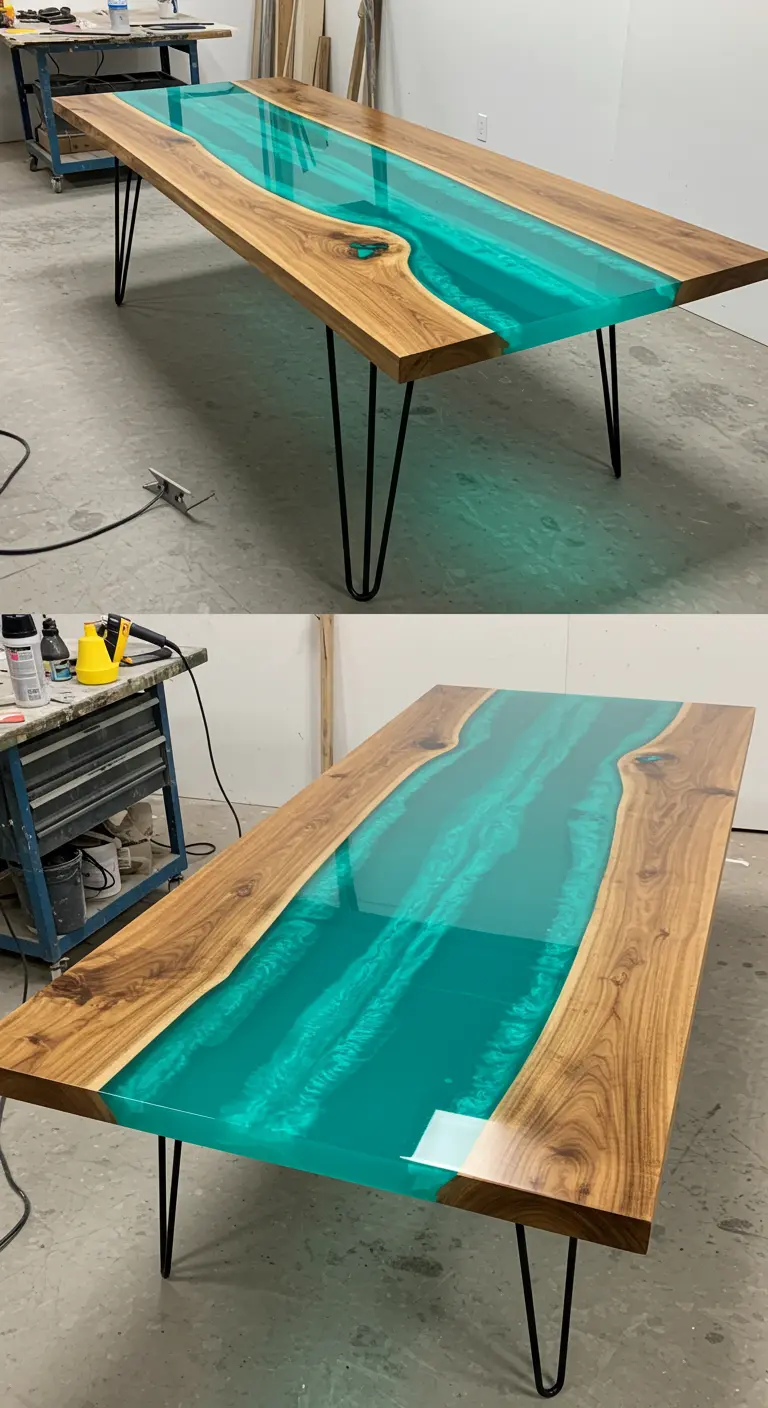 Mesa de comedor moderna con un 'río' de resina epoxi turquesa entre dos piezas de madera.