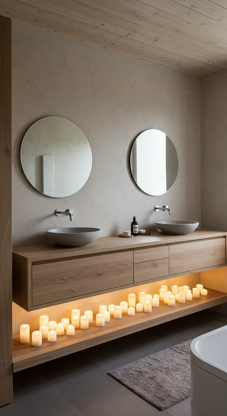 Mueble de baño flotante de madera con la balda inferior llena de velas encendidas.