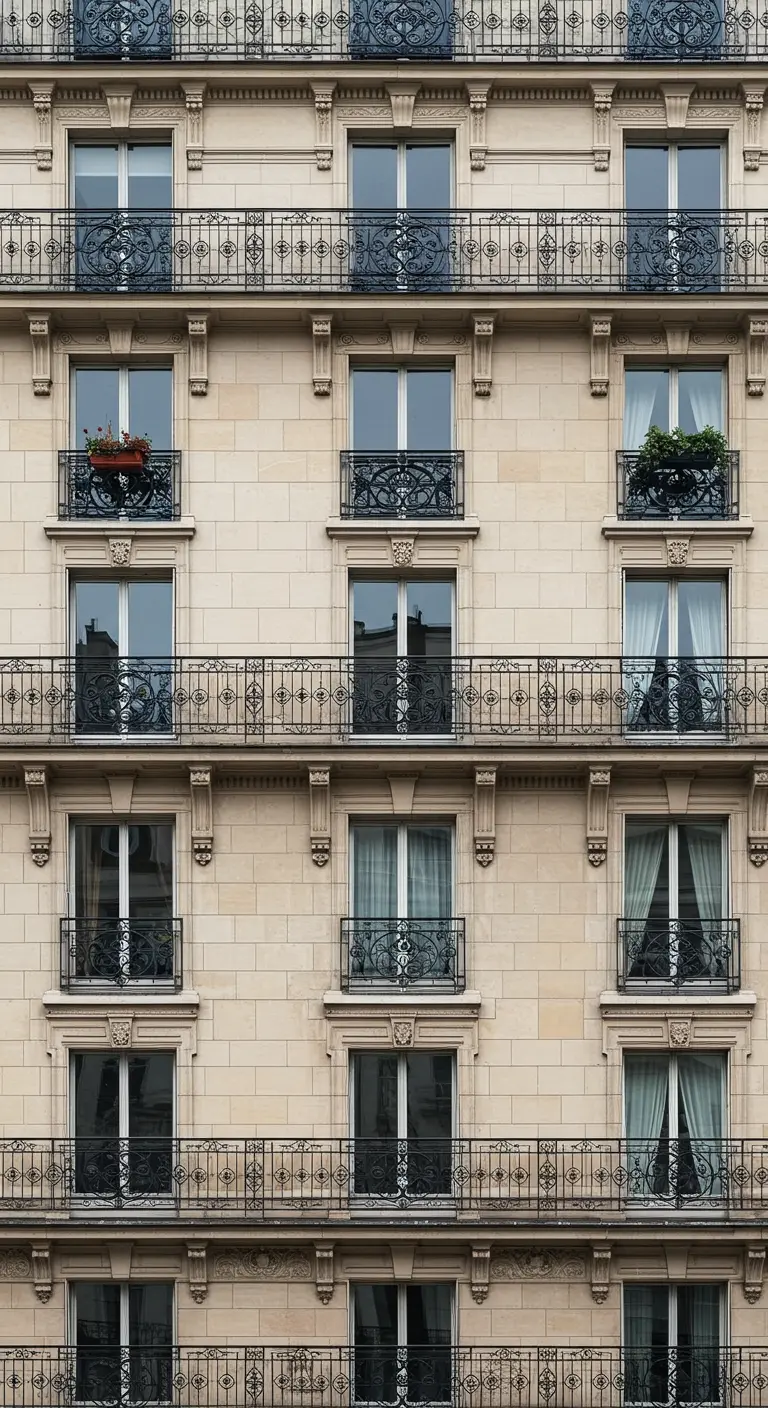 Fachada de un edificio parisino con múltiples ventanas y balcones de hierro forjado