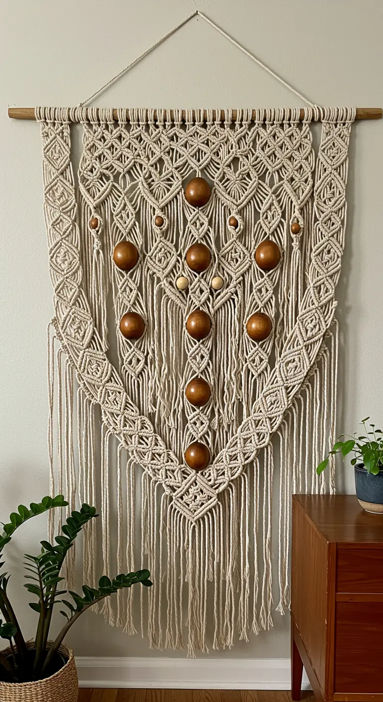 Tapiz de macramé en color natural con grandes cuentas esféricas de madera oscura integradas.