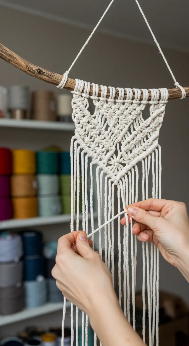 Manos de una mujer haciendo nudos en un pequeño tapiz de macramé colgado de una rama.