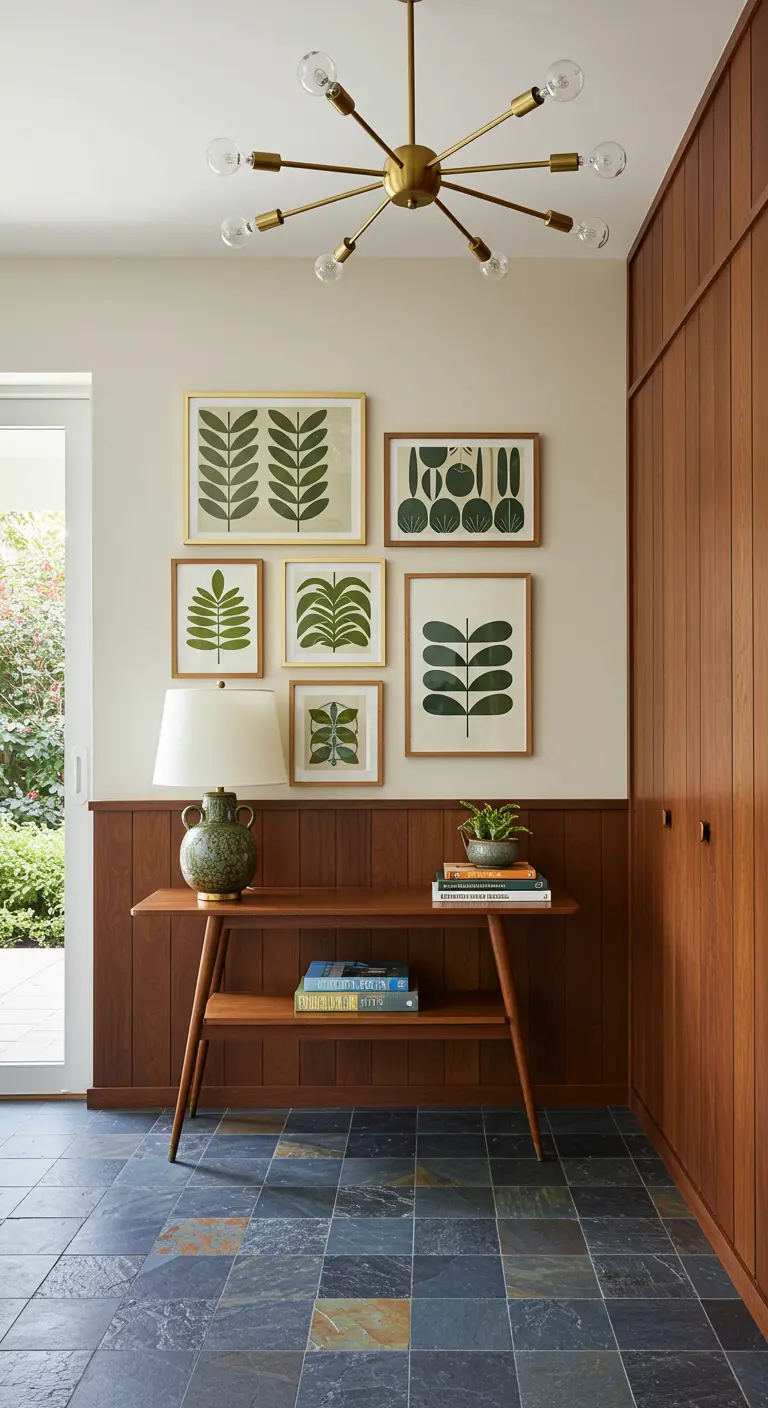 Galería de láminas botánicas de estilo Mid-Century Modern sobre una consola de madera oscura