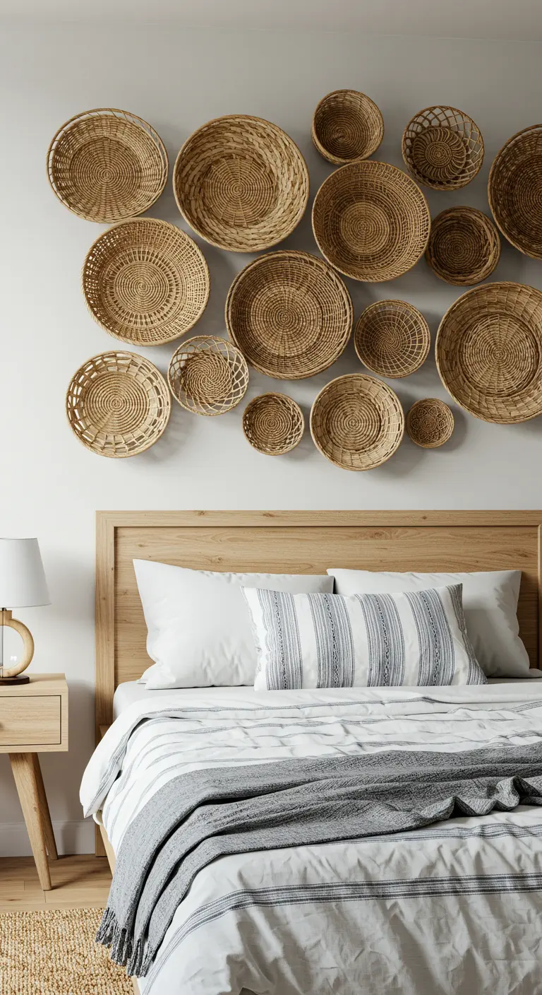 Colección de cestas de mimbre de diferentes tamaños colgadas en la pared sobre una cama.