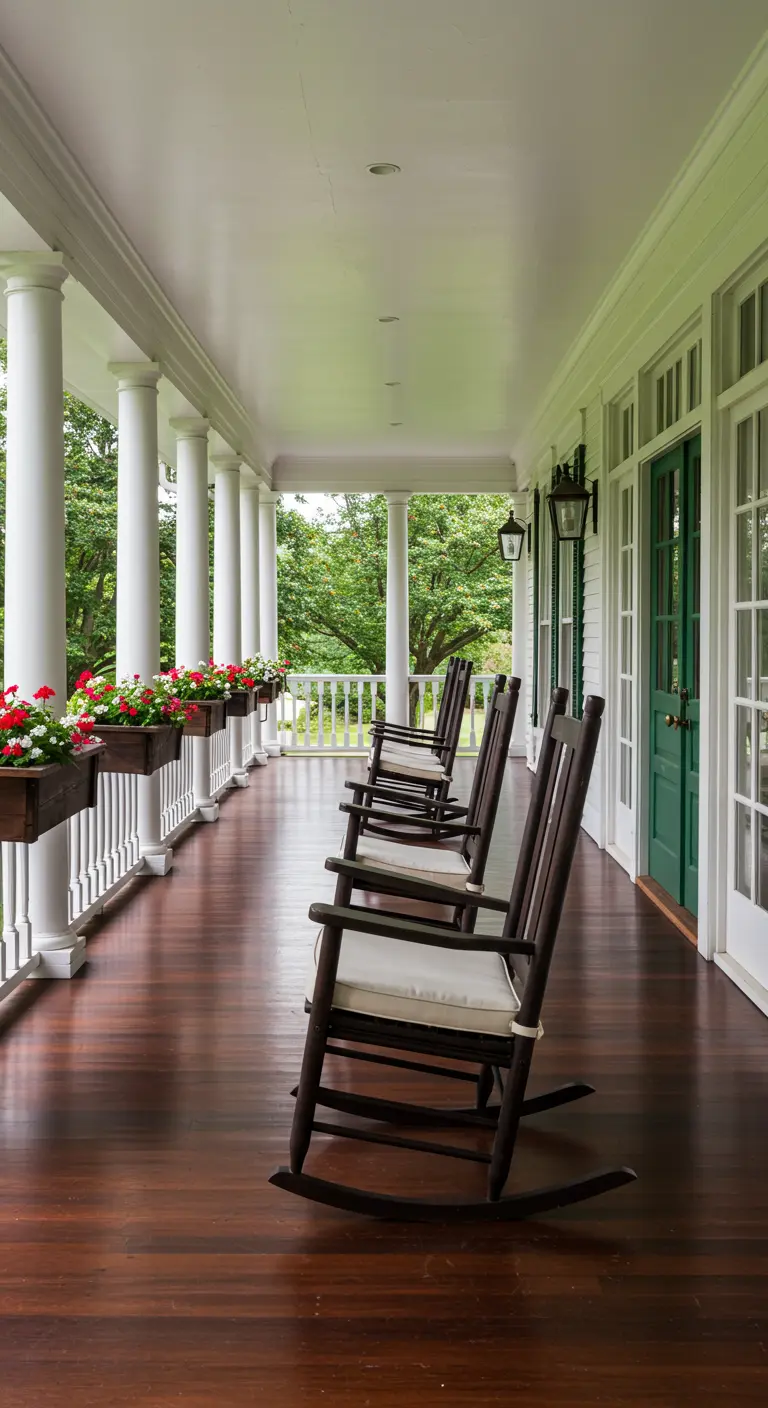 Largo porche blanco con una fila de mecedoras de madera oscura y jardineras en la barandilla.
