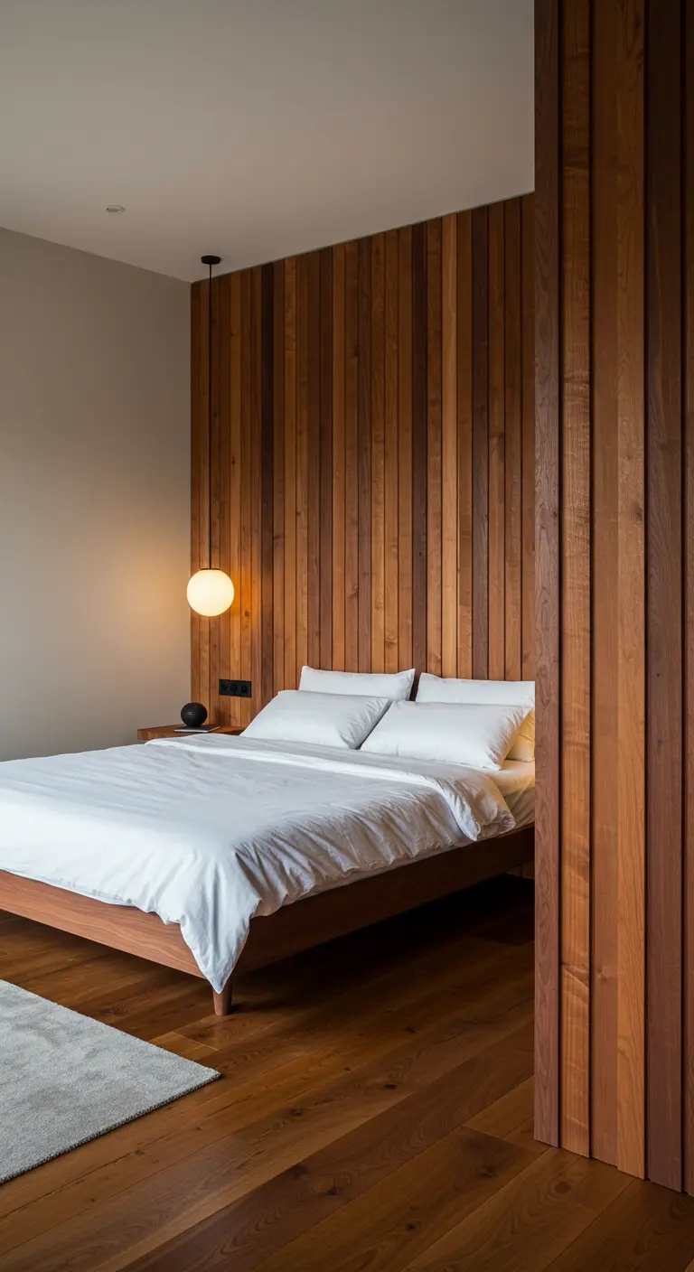 Dormitorio con una pared de acento de listones de madera verticales y una lámpara colgante.