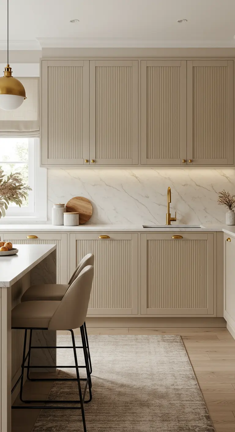 Cocina beige con gabinetes acanalados, herrajes dorados y salpicadero de mármol.