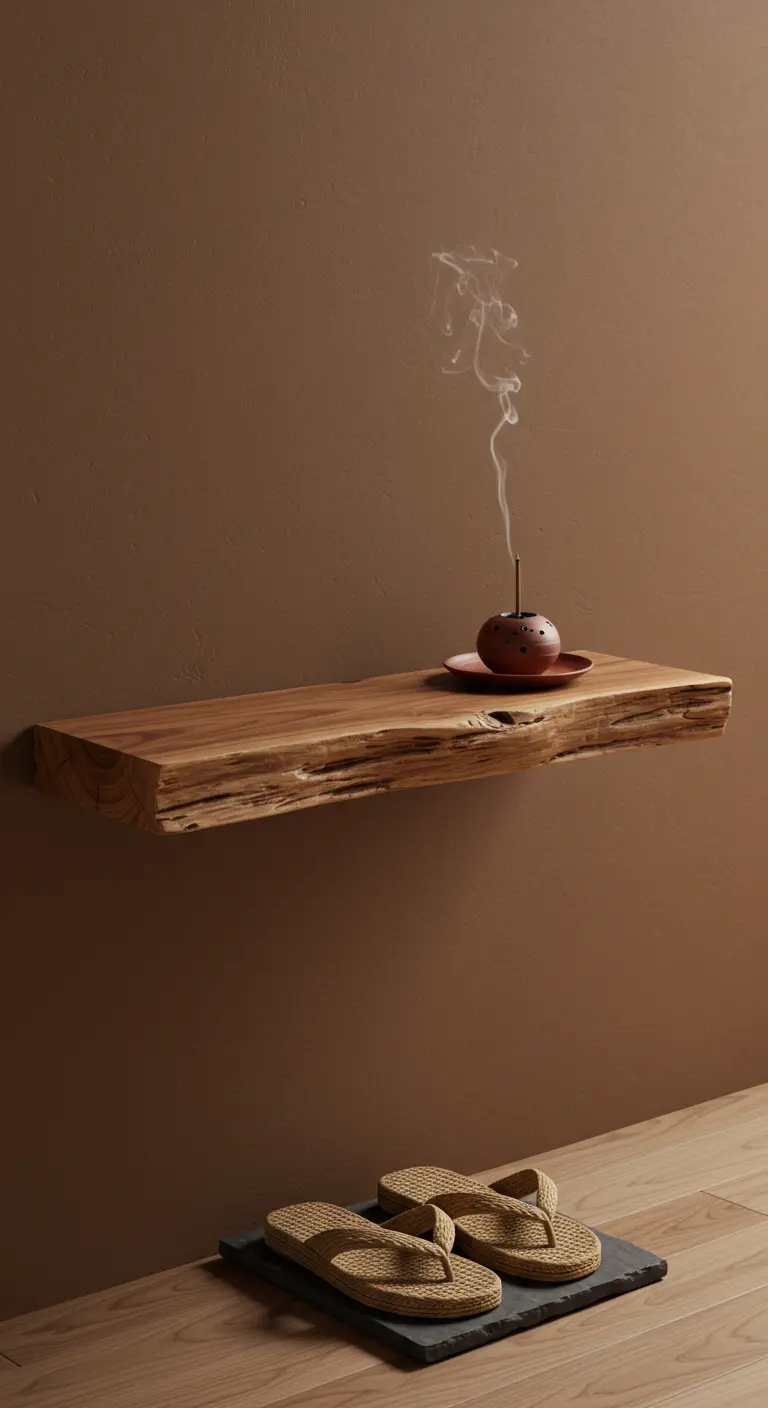 Estantería flotante de madera con borde natural, con un quemador de incienso humeante.