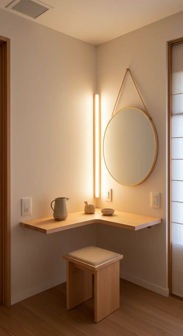 Tocador esquinero de madera con espejo redondo, iluminación vertical y taburete bajo.