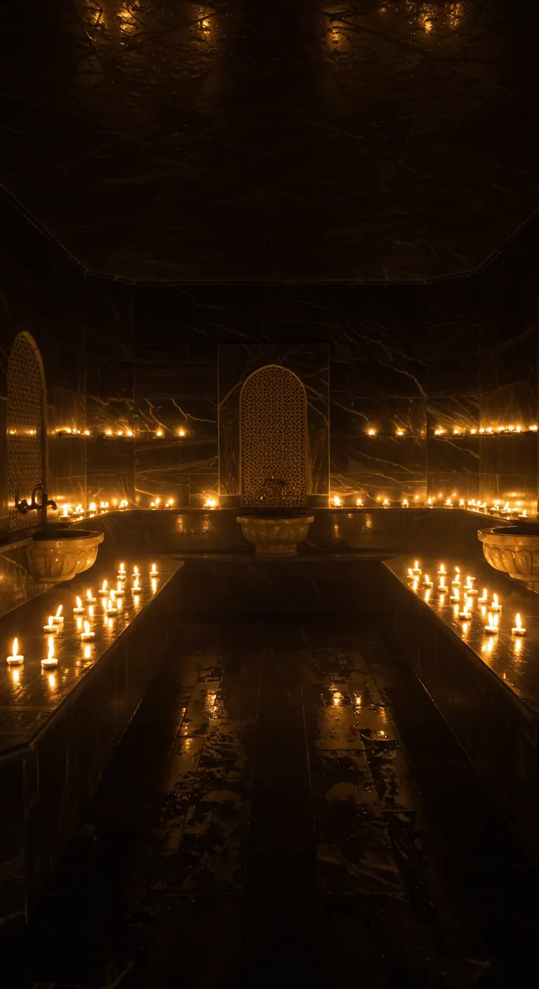 Hammam oscuro iluminado únicamente por decenas de velas encendidas alrededor de una piscina