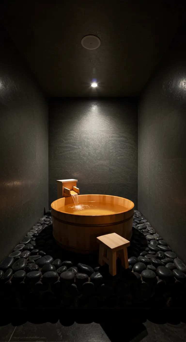 Baño oscuro y minimalista con una bañera de madera redonda rodeada de piedras.