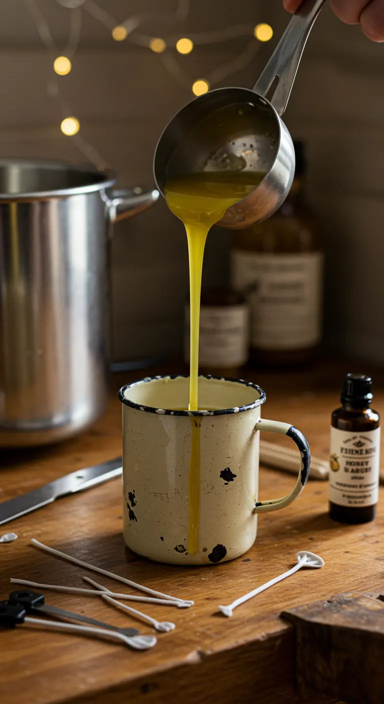 Persona vertiendo cera amarilla derretida en una taza de peltre blanca