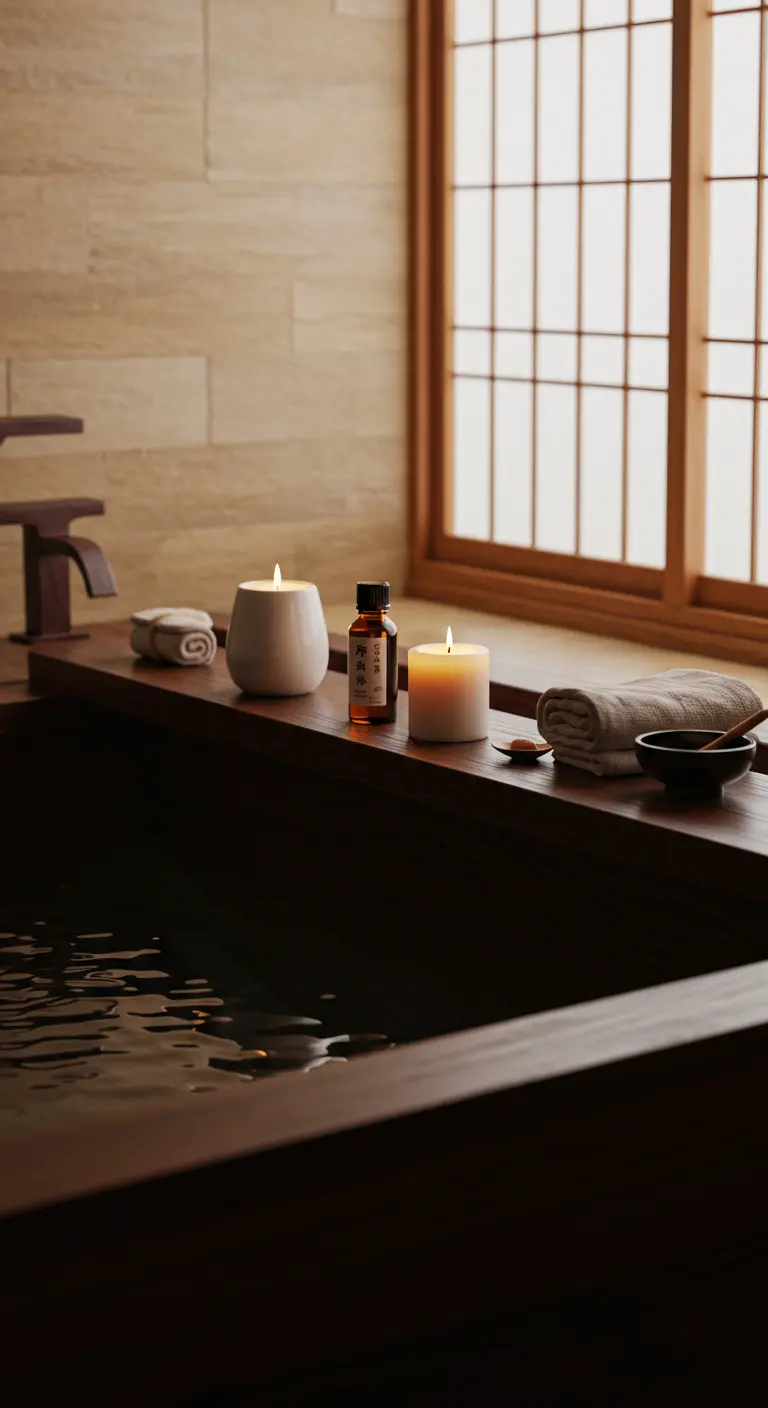 Bandeja de madera oscura sobre una bañera con velas encendidas y un aceite esencial.
